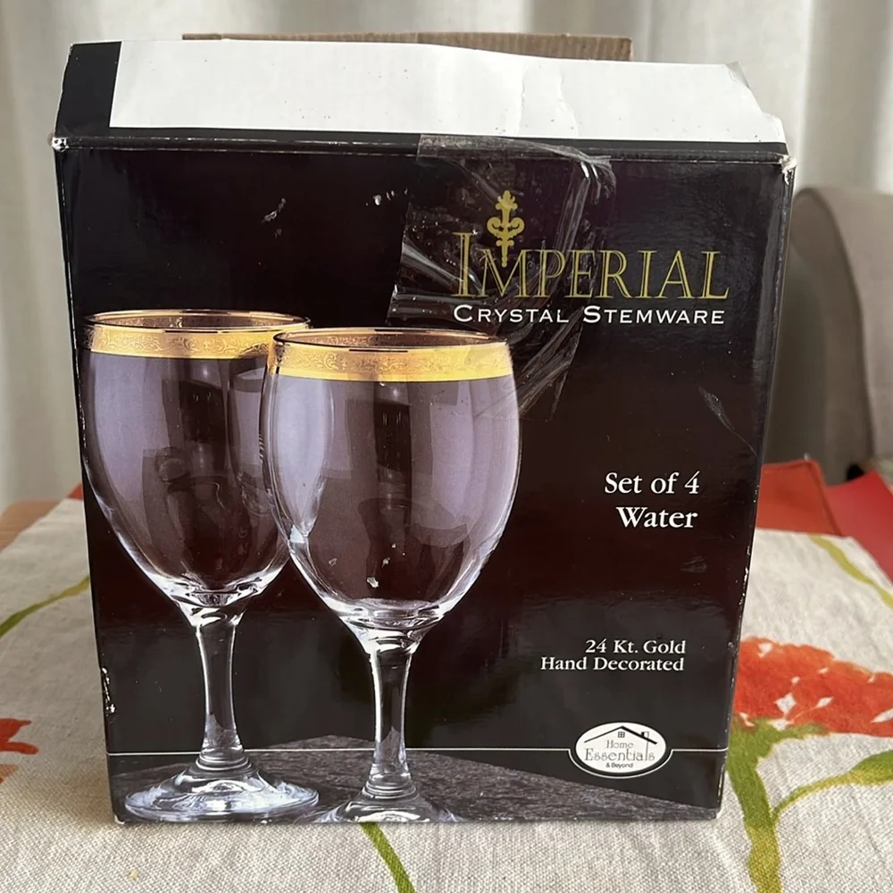 Imperial Crystal Stemware (4) 24kt. Hand Decorated Wine Glasses
